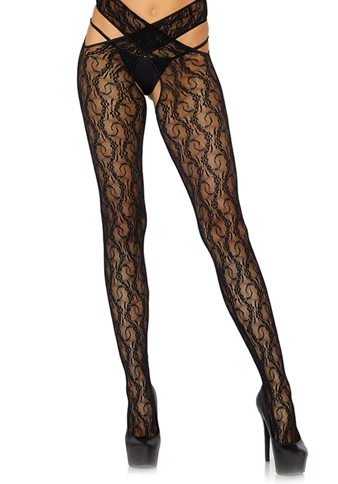 Lacy Bliss™ Floral Crotchless Wrap Tights Leg Avenue Hosiery