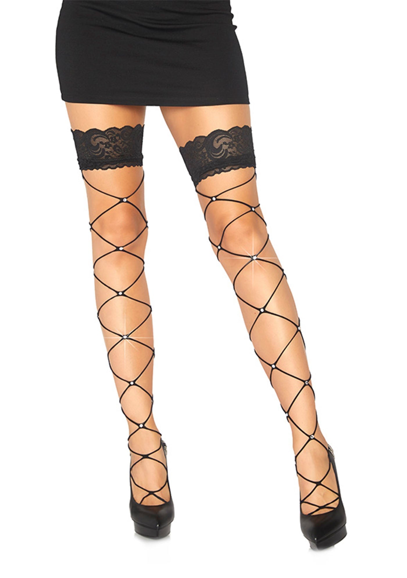 Lacy Bliss™ Wide Net Thigh High with Rhinestone Leg Avenue Hosiery