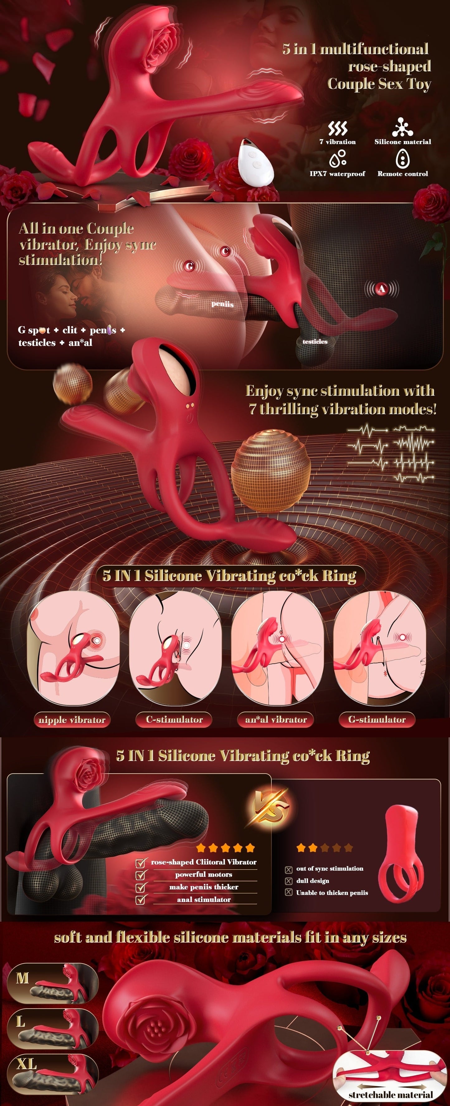 š„2025 NEW ROZY - Vibrating Cock Ring Couple Sex Toys Male Sexual Toy With 5 In 1 Stimulator Nighty