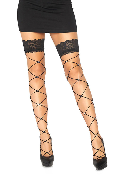 Lacy Bliss™ Wide Net Thigh High with Rhinestone Leg Avenue Hosiery