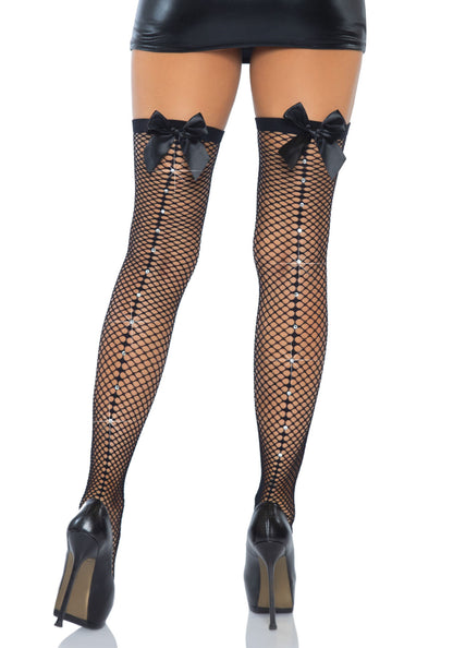Lacy Bliss™ Fishnet Thigh Highs with Satin Bow Backseam Leg Avenue Hosiery