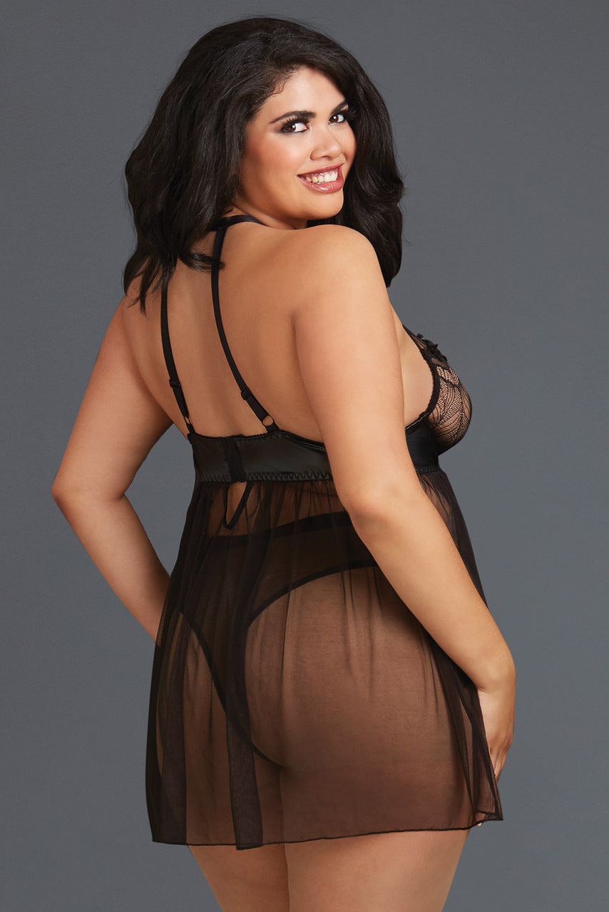 Plus Size Sheer Mesh and Lace High Neck Babydoll