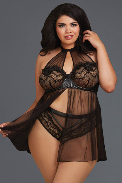 Plus Size Sheer Mesh and Lace High Neck Babydoll