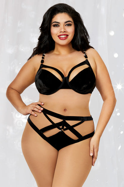 Plus Size Strappy Velvet Bra and Panty Set