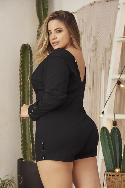 Plus Size Long Sleeve Button Romper