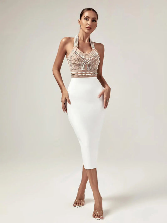 Sophia Halterneck Pearl Embellished Bandage Dress Bandage Dresses