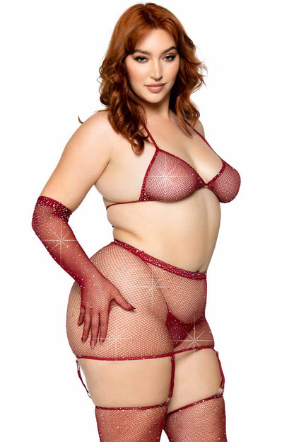 Plus Size Rhinestone Fishnet Bra and Skirt Set