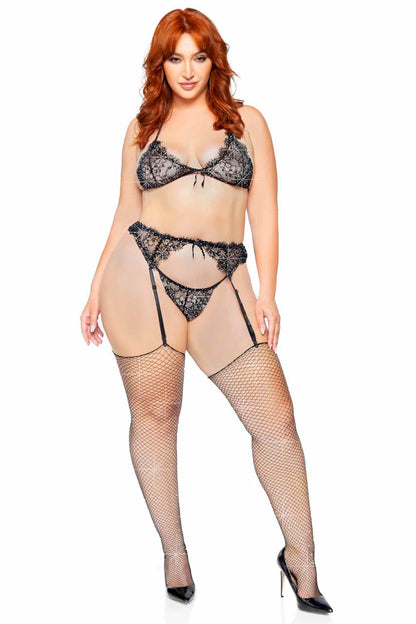 Plus Size White Rhinestone Eyelash Lace Bra Set
