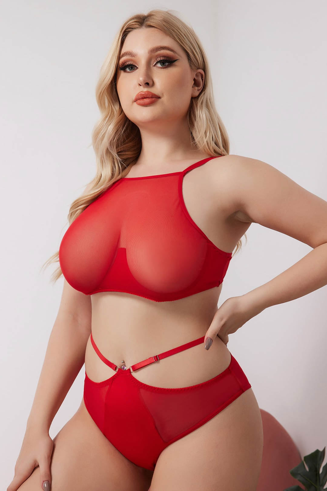 Plus Size Racy Red Mesh Bra Set