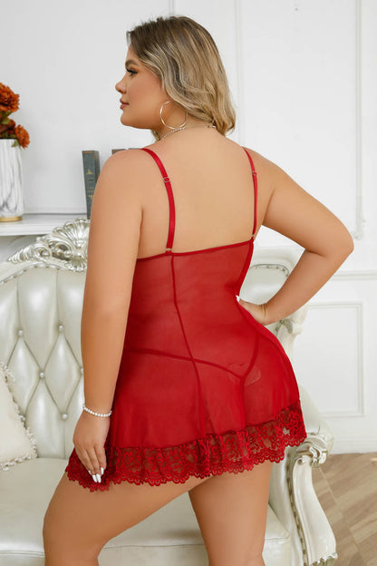 Plus Size Ruffled Mesh and Lace Chemise