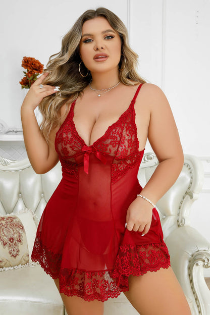 Plus Size Ruffled Mesh and Lace Chemise
